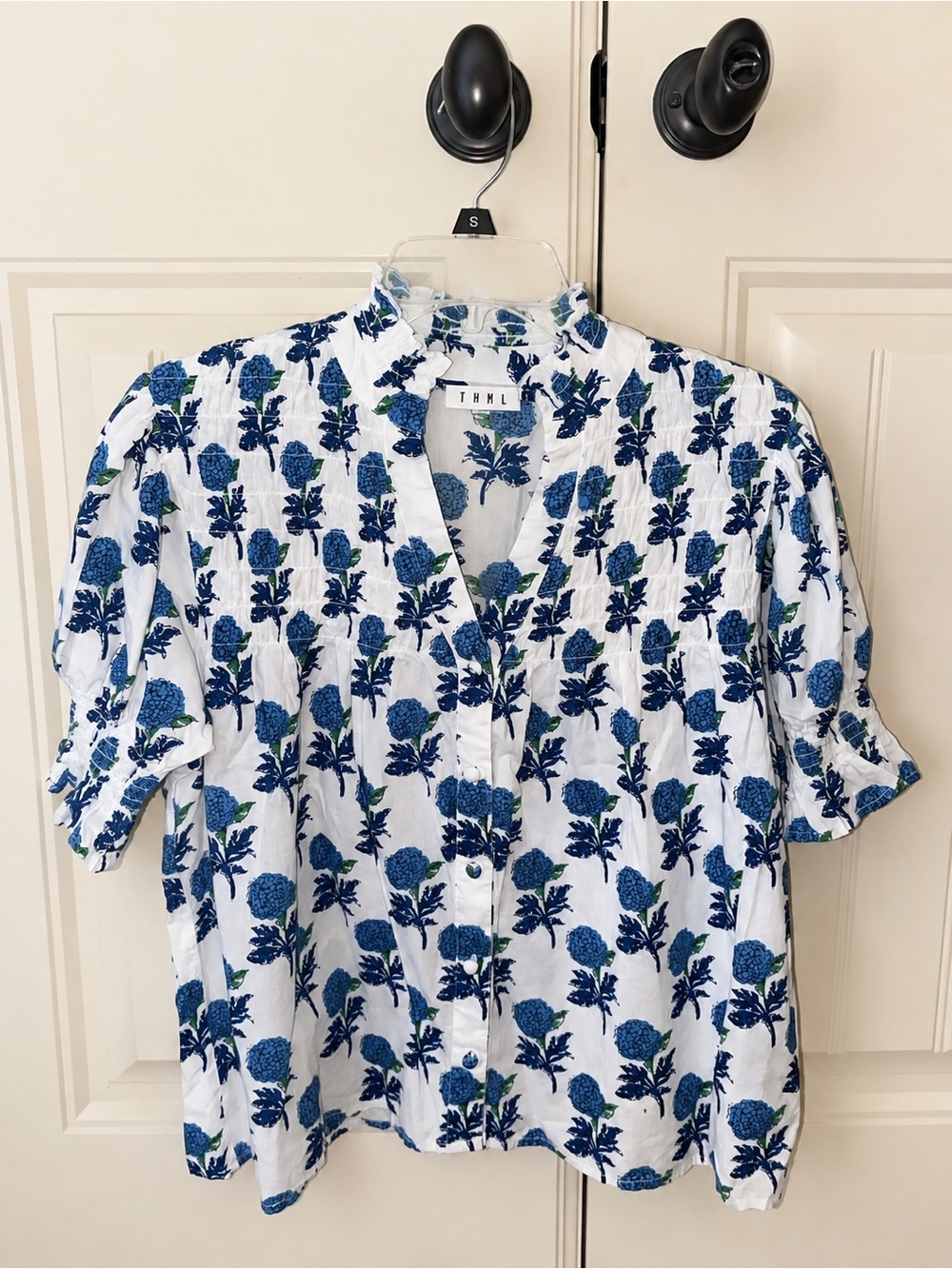 THML Cotton Hydrangea Block Print Smocked Puff Sleeve Top M